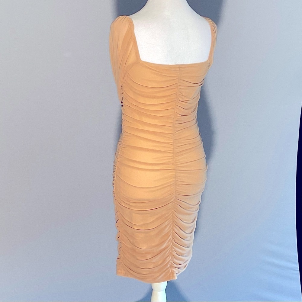 Beige Ruched Bodycon Dress Sheer Sleeves |Size S - Picture 10 of 16